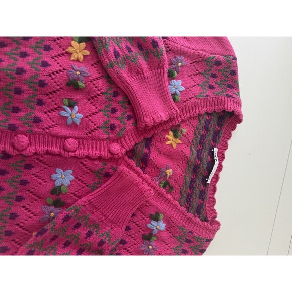 ZARA Womens Crop Cardigan Sweater Medium Pink Floral Cotton Cottagecore Repair - Picture 10 of 14